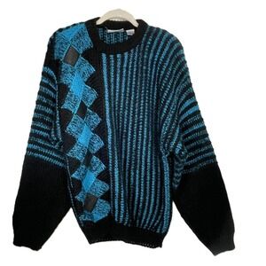 VTG FAX Medium Sweater Black Blue Knit Graphic Chunky Acrylic Korea 80s 90s Look